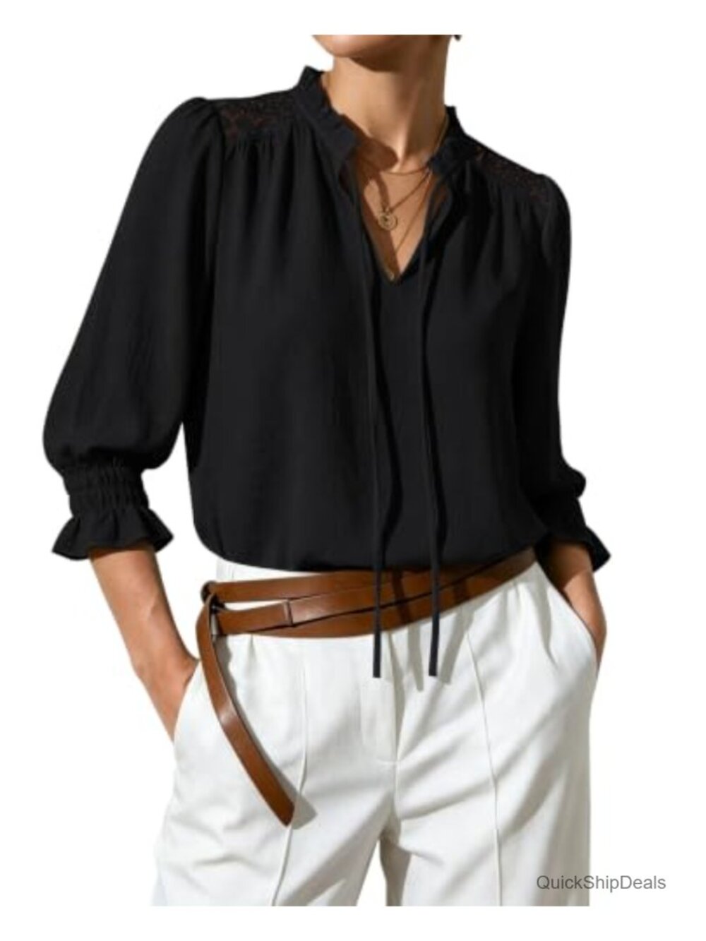 Flowy Peasant Blouse 3/4 Sleeve Ruffle Collar Lace Embroidered Top